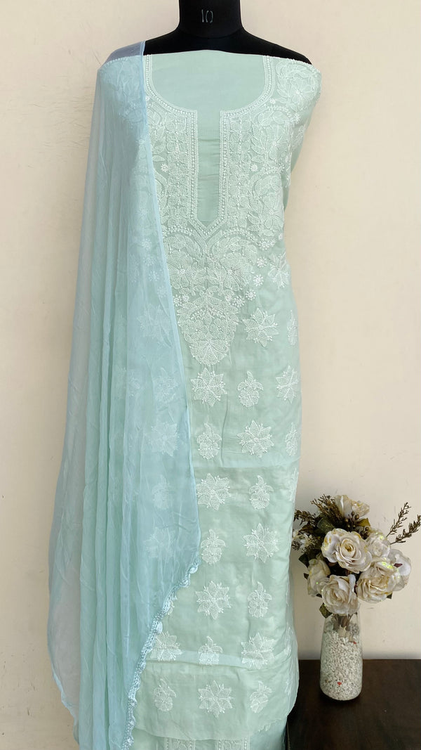 Lucknowi Chikankari Suit Length 3 Piece Green Cotton