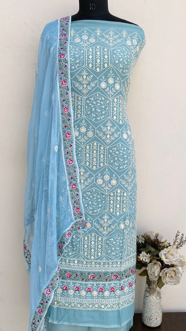 Chikankari Suit Length 3 Piece Aqua Blue Georgette With Sequence Work