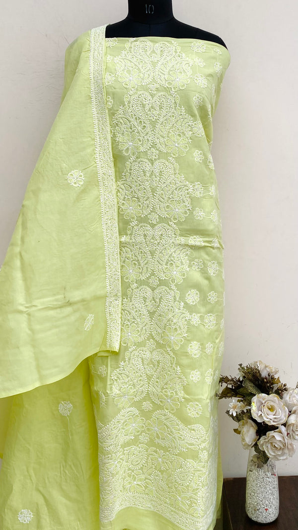 Lucknowi Chikankari Suit Length 3 Piece Green Cotton With Embroidered Cotton Dupatta