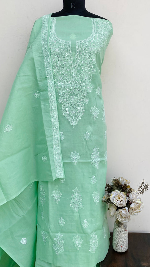 Lucknowi Chikankari Suit Length 3 Piece Green Cotton With Embroidered Cotton Dupatta