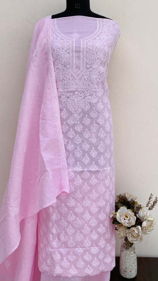Lucknowi Chikankari Suit Length 3 Piece Pink Cotton With Embroidered Cotton Dupatta