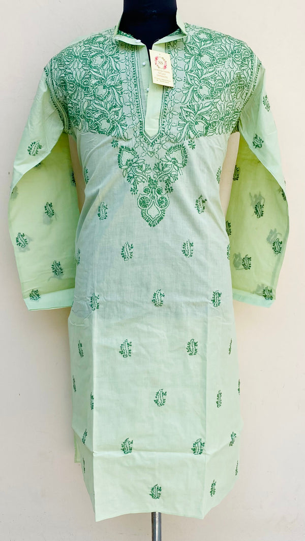 Lucknowi Chikankari Men’s Kurta Green Cotton With Jaali Work