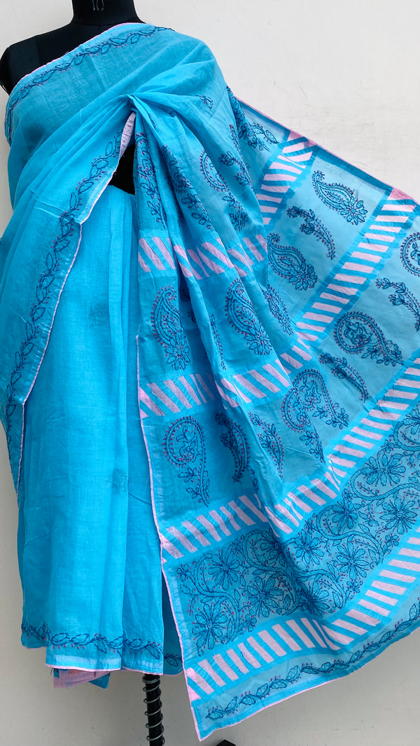 Lucknowi Chikankari Saree Blue Cotton