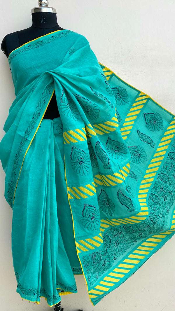 Lucknowi Chikankari Saree Green Cotton