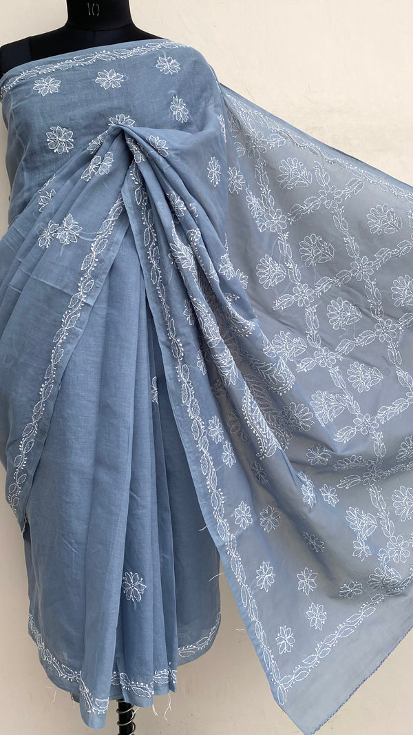 Lucknowi Chikankari Saree Gray Cotton