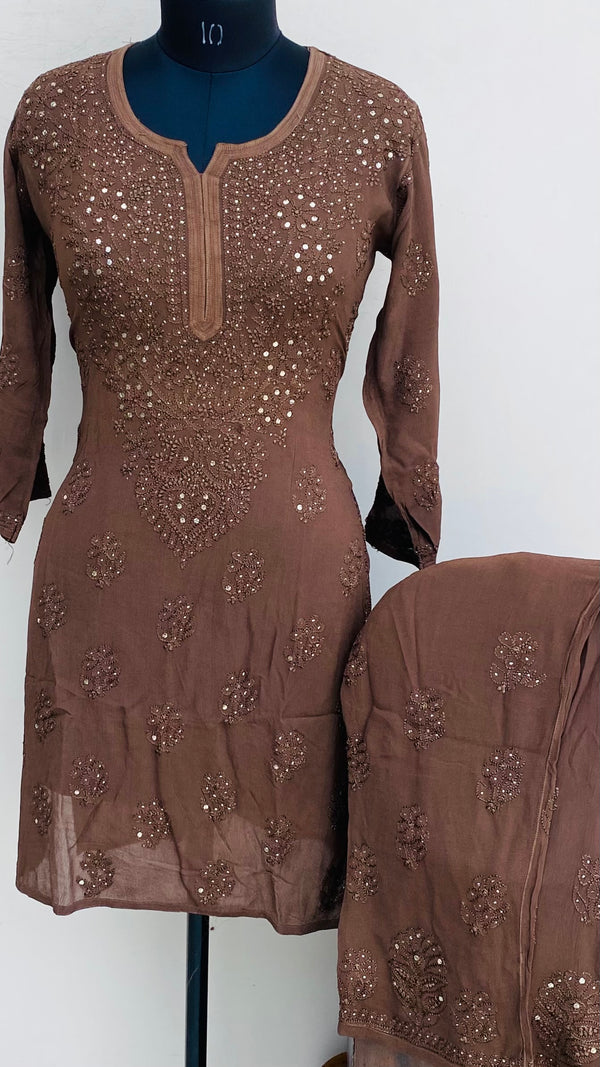 Lucknowi Chikankari Co-ord Set Brown Pure Georgette With Resham & Mukaish Work