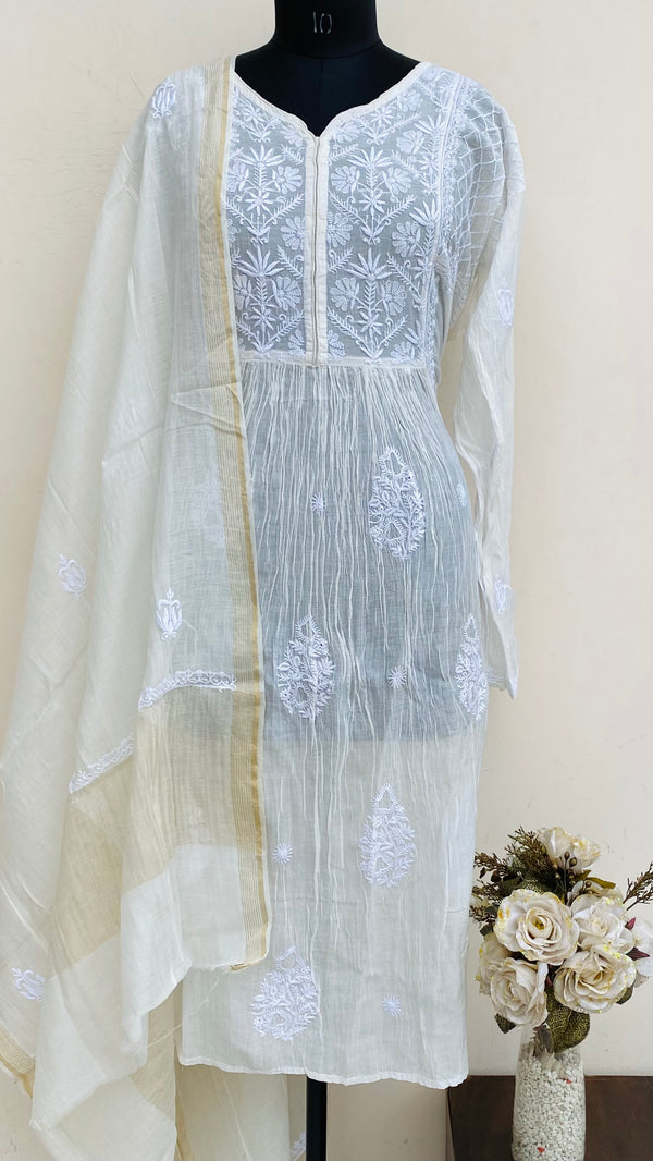 Lucknowi Chikankari Semi-Stitched Suit Length 2 Piece White Mal Chanderi
