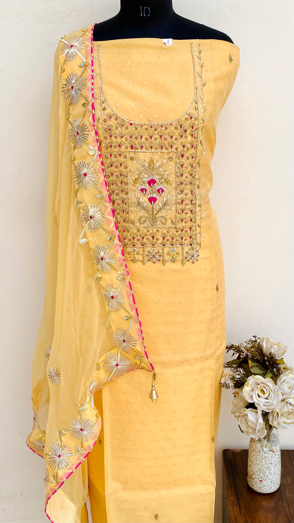Designer Embroidered Suit Length 3 Piece Yellow Mal Chanderi With Pearl, Cutdana & Sequence Work