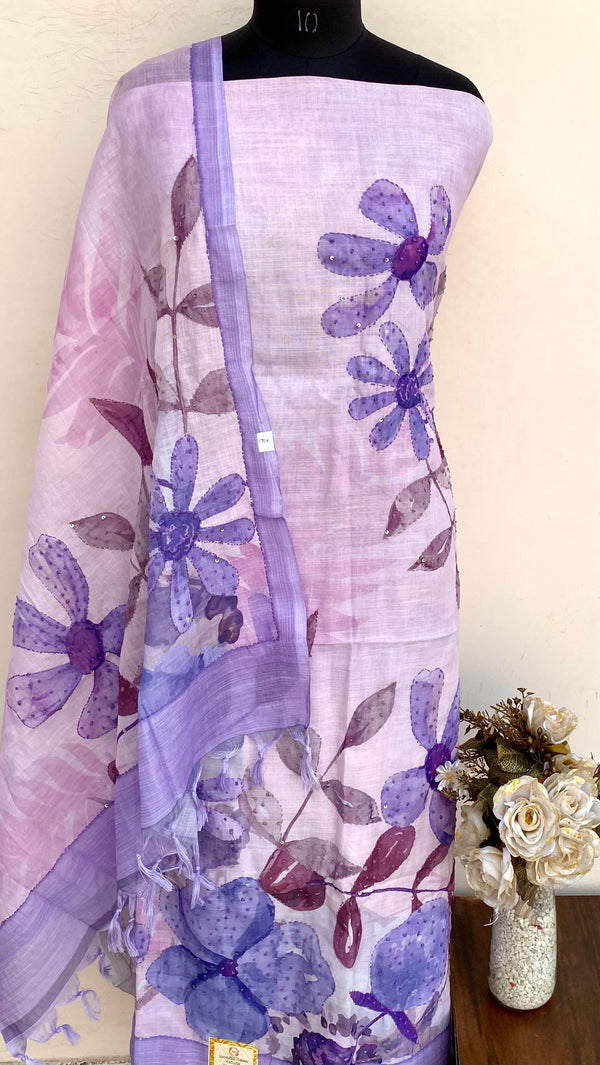 Designer Embroidered Suit Length 3 Piece Purple Linen With Sequence Work