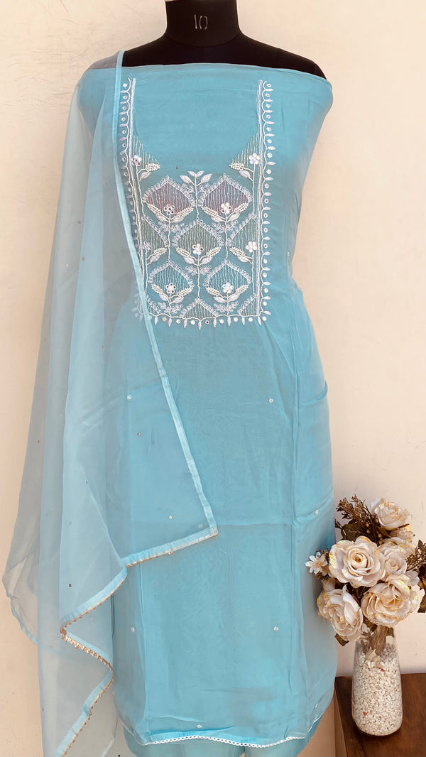 Designer Embroidered Suit Length 3 Piece Blue Organza With Cutdana & Pearl Work