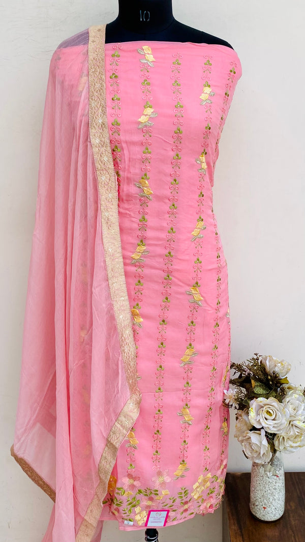 Designer Embroidered Suit Length 3 Piece Pink Organza