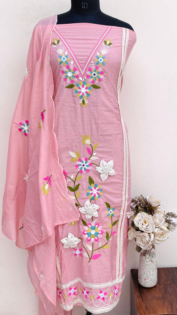 Designer Embroidered Suit Length 3 Piece Pink Mal Chanderi With Mirror Work