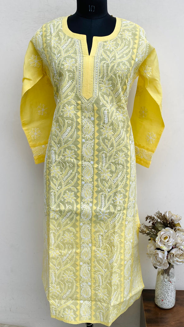 Lucknowi Chikankari Kurti Yellow Cotton With Applique Work