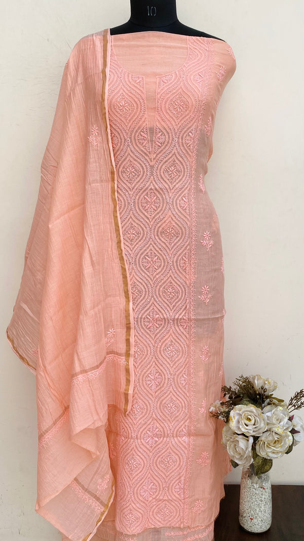 Lucknowi Chikankari Suit Length 2 Piece Peach Mal Chanderi