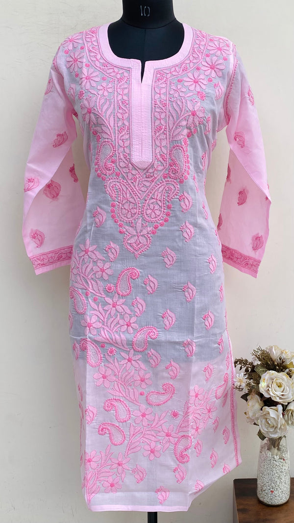Lucknowi Chikankari Kurti Pink Cotton With Jaali Work