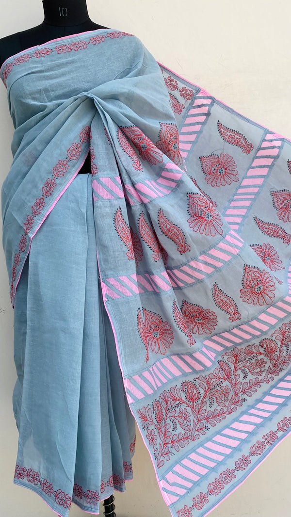 Lucknowi Chikankari Saree Gray Cotton