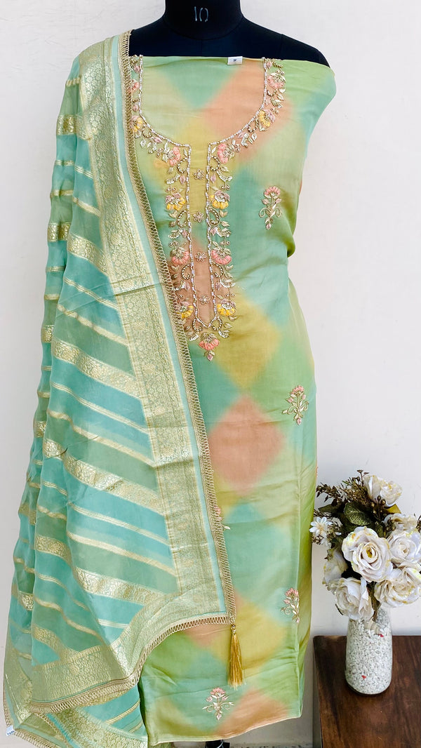 Designer Embroidered Suit Length 3 Piece Teal Green Mal Chanderi With Pearl & Sequence Work