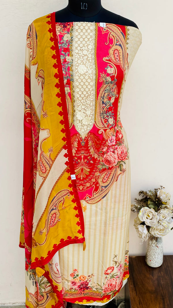 Designer Embroidered Suit Length 3 Piece Beige Muslin Cotton
