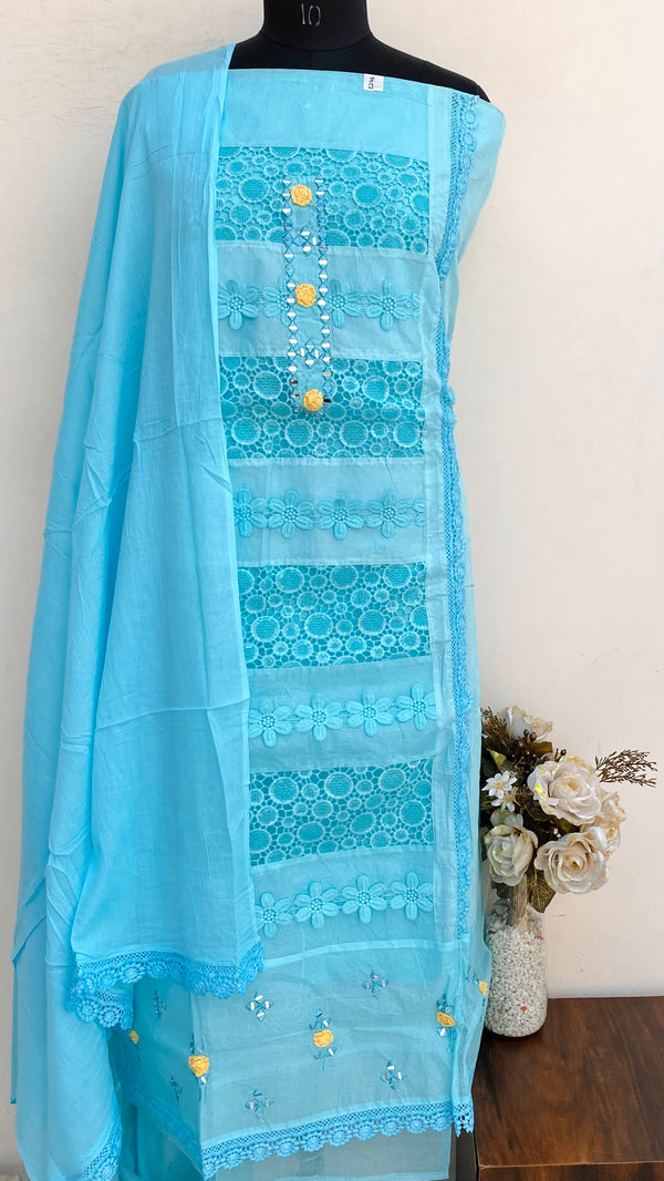 Designer Embroidered Suit Length 3 Piece Blue Organza With Mirror Work