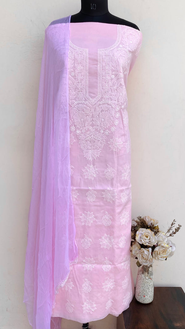 Lucknowi Chikankari Suit Length 3 Piece Pink Cotton