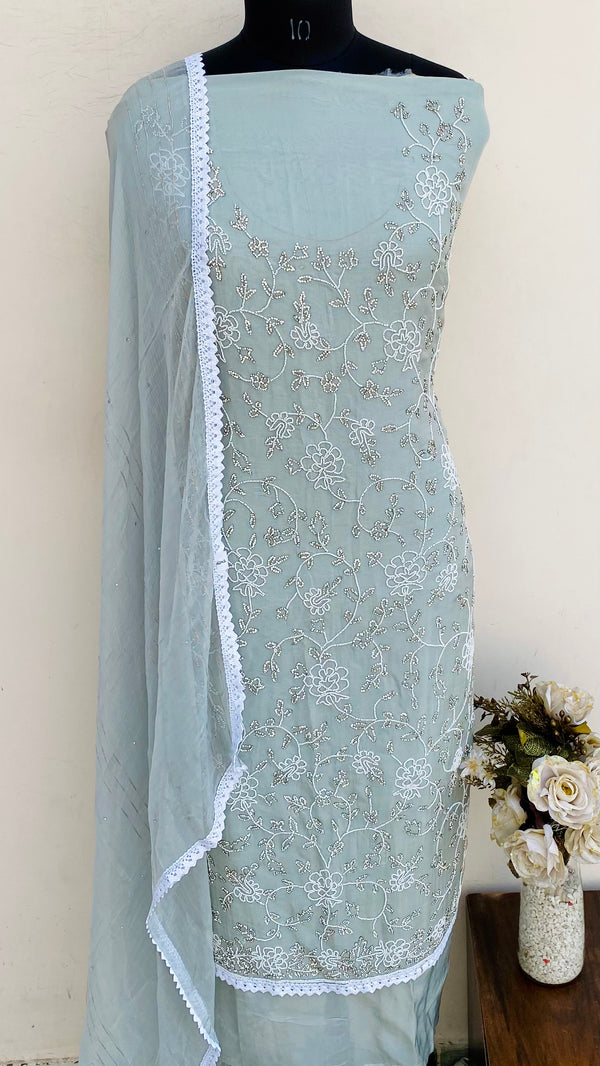 Designer Embroidered Suit Length 3 Piece Gray Organza With Stone & Pearl Work
