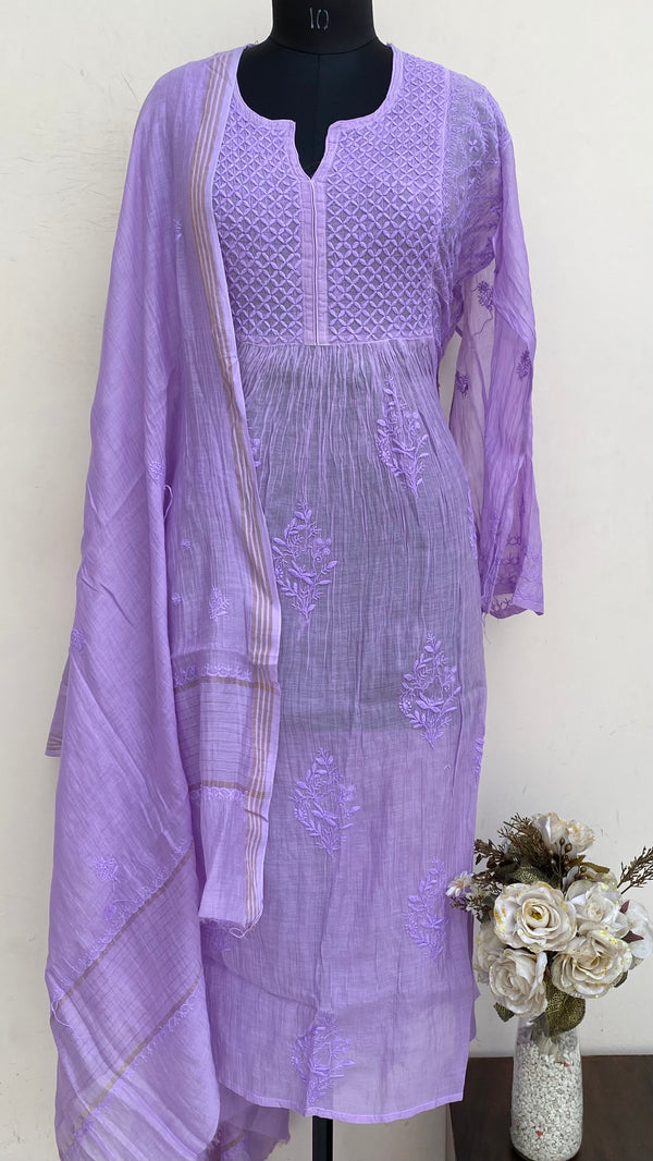 Lucknowi Chikankari Semi-Stitched Suit Length 2 Piece Purple Mal Chanderi