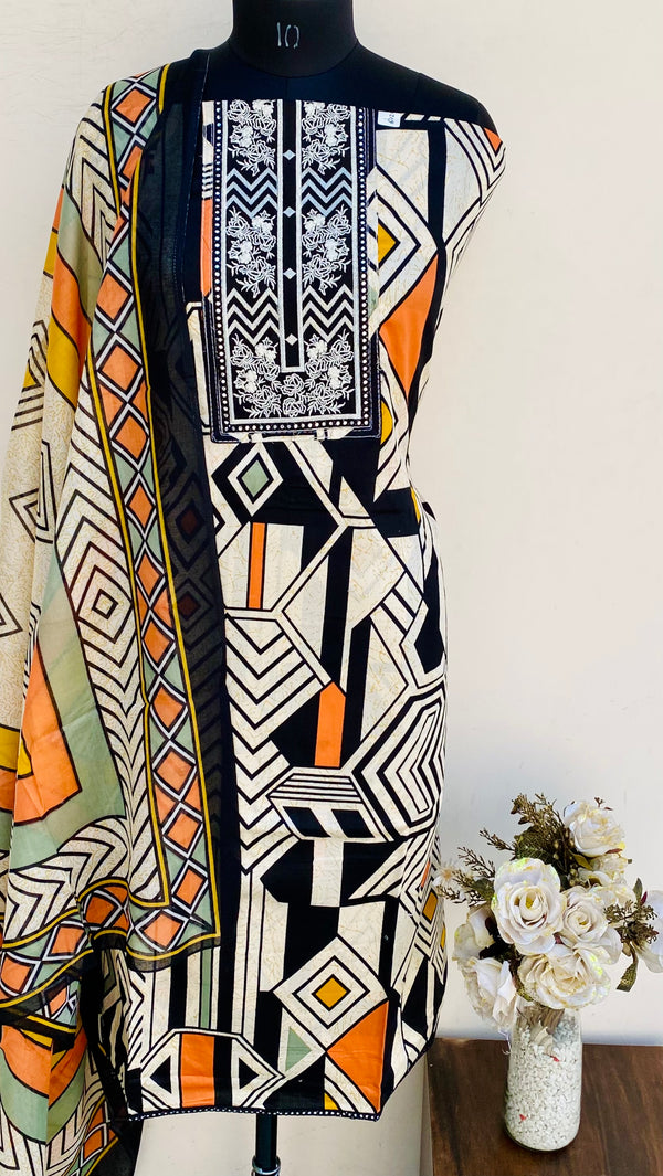 Designer Embroidered Suit Length 3 Piece Beige Mal Cotton