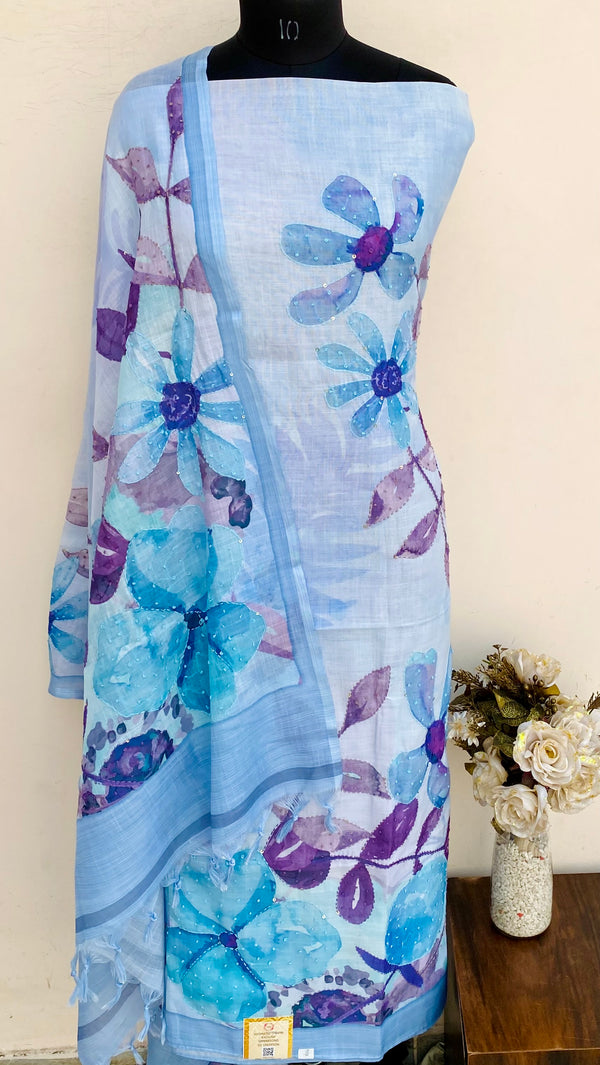 Designer Embroidered Suit Length 3 Piece Blue Linen With Sequence Work