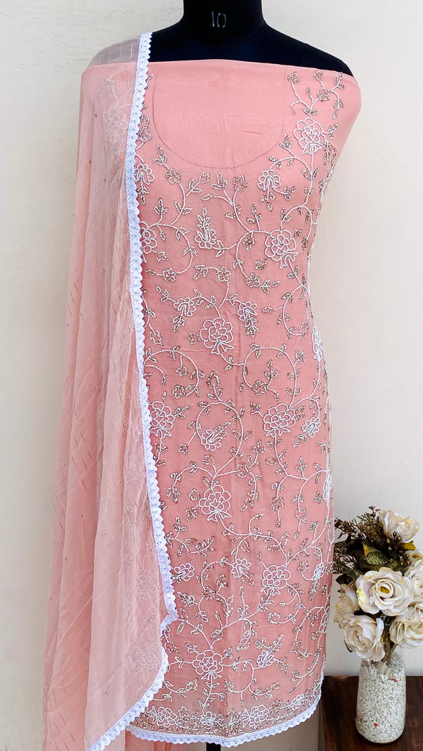 Designer Embroidered Suit Length 3 Piece Pink Organza With Stone & Pearl Work
