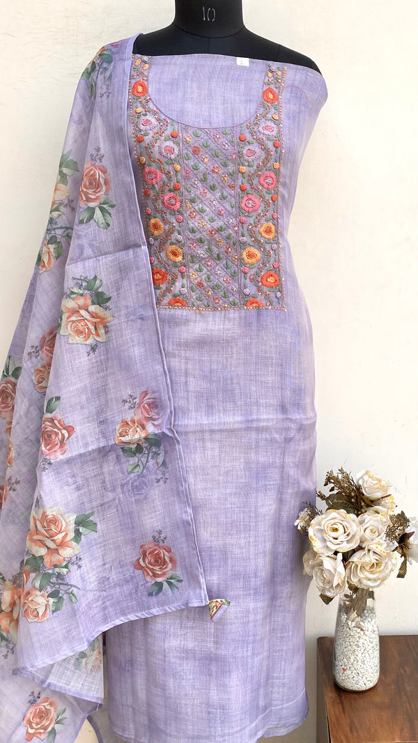 Designer Embroidered Suit Length 3 Piece Purple Linen With Sequence Work