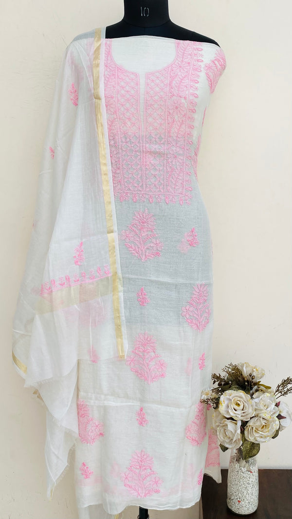 Lucknowi Chikankari Suit Length 2 Piece White Mal Chanderi