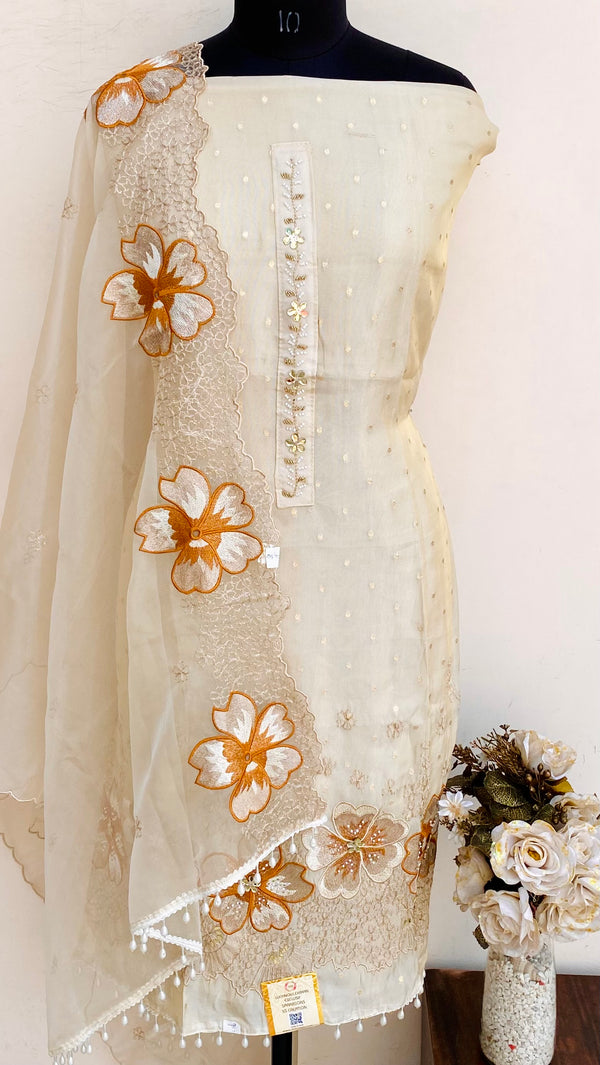 Designer Embroidered Suit Length 3 Piece Beige Mal Chanderi With Mirror, Pearl & Sequence Work