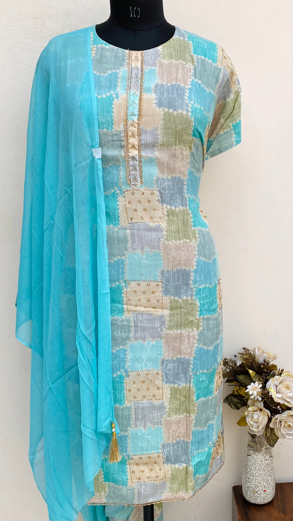 Designer Embroidered Suit Length 3 Piece Multicolour Muslin
