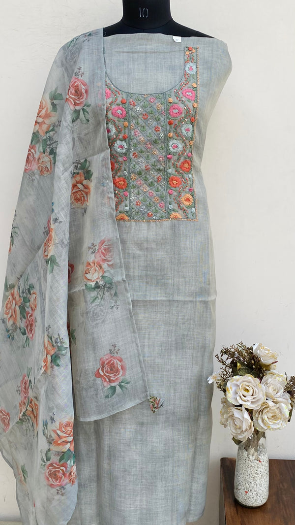 Designer Embroidered Suit Length 3 Piece Gray Linen With Sequence Work