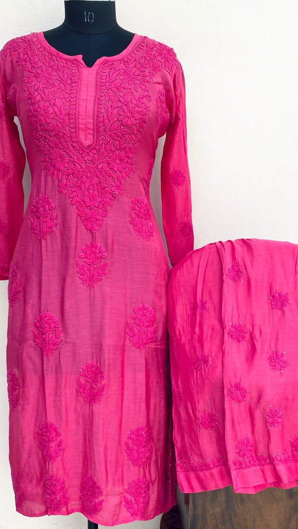 Lucknowi Chikankari Co-ord Set Pink Muslin Cotton With Self & Mukaish Work