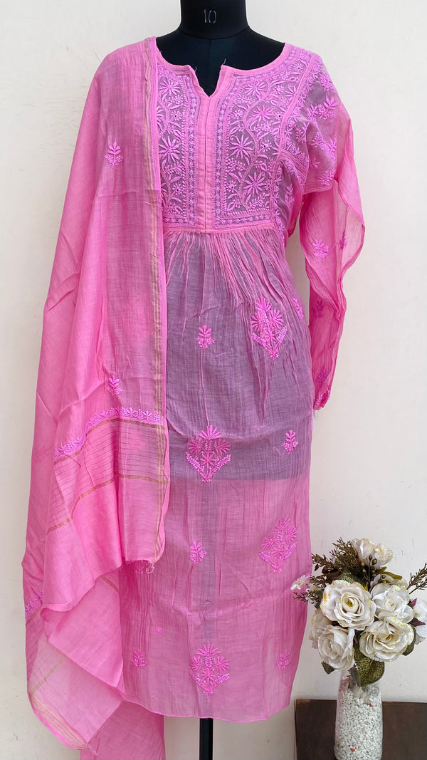 Lucknowi Chikankari Semi-Stitched Suit Length 2 Piece Pink Mal Chanderi