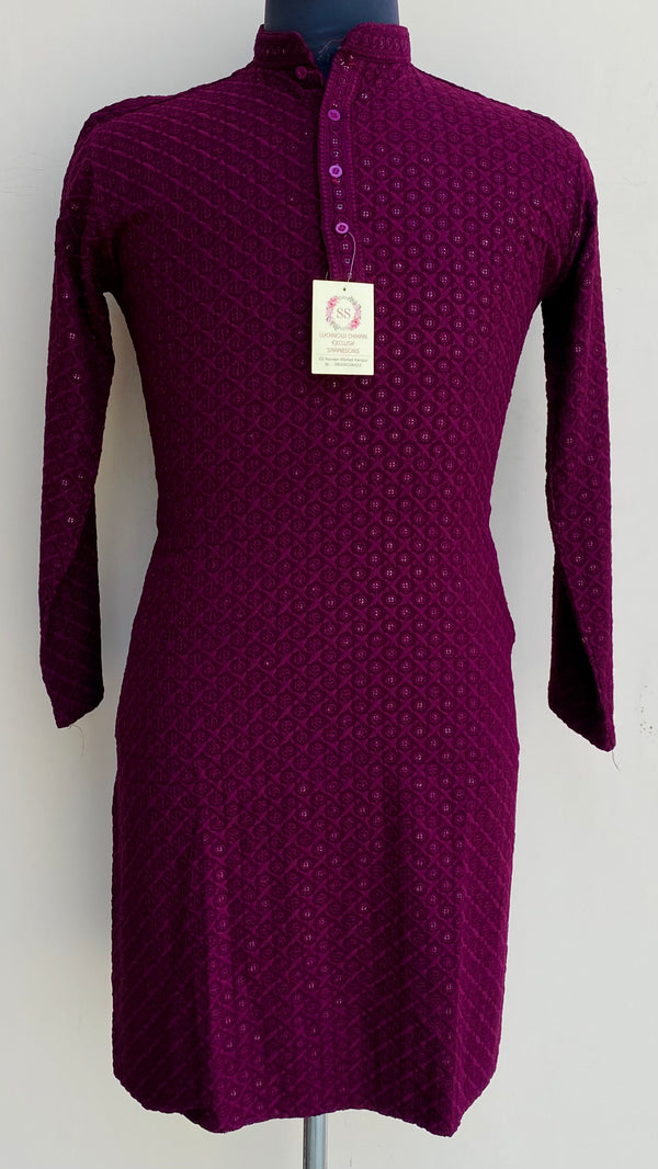 Lucknowi Chikankari Men’s Kurta Wine Cotton
