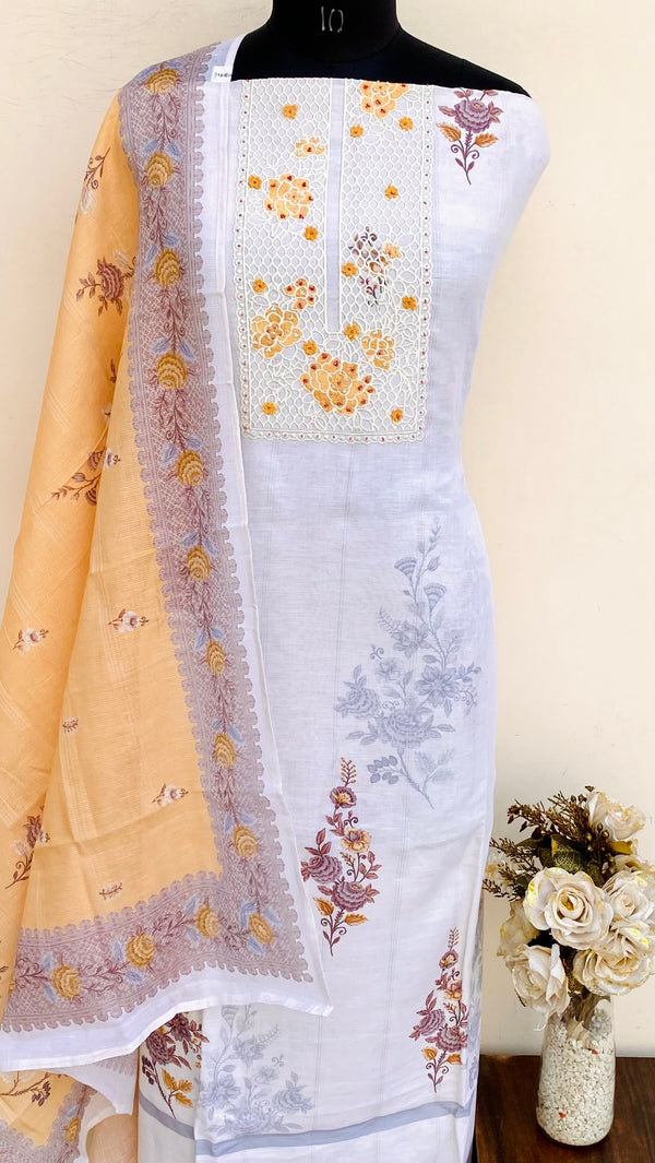 Designer Embroidered Suit Length 3 Piece White Linen With Pearl Work