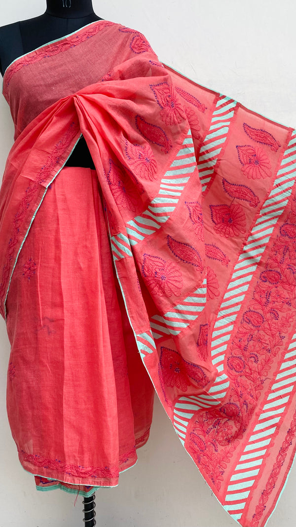 Lucknowi Chikankari Saree Gajri Cotton