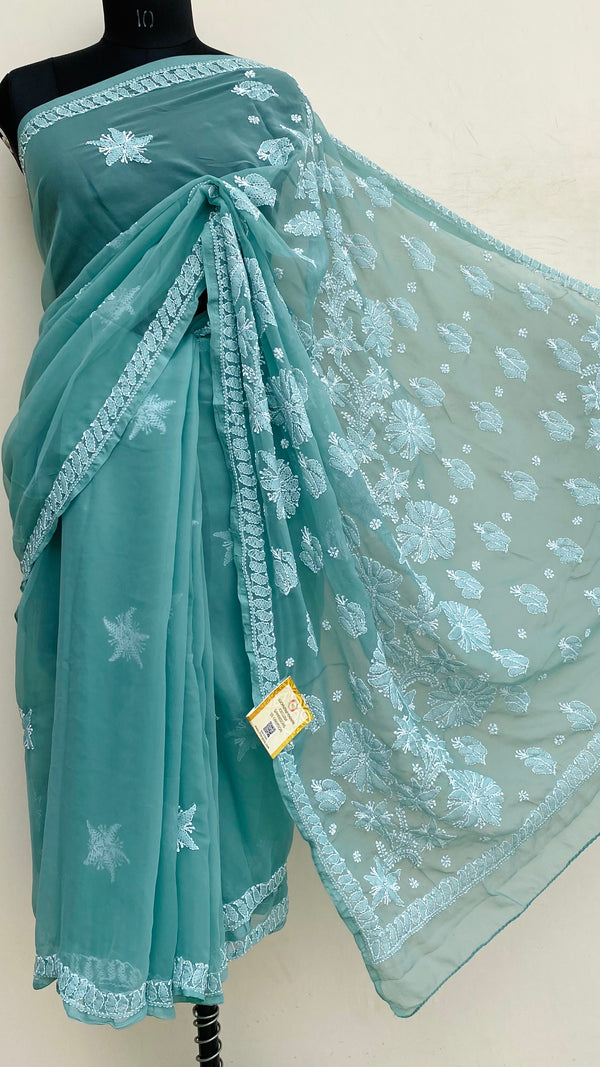 Lucknowi Chikankari Saree Teal Green Georgette