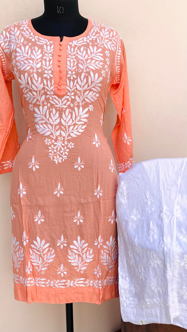 Lucknowi Chikankari Co-ord Set Peach Modal Cotton