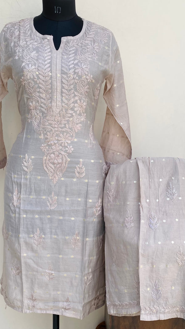Lucknowi Chikankari Co-ord Set Mouse Colour Mal Chanderi With Self Work
