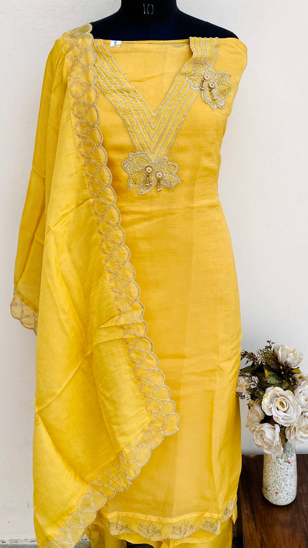 Designer Embroidered Suit Length 3 Piece Yellow Organza With Pearl & Stone Work