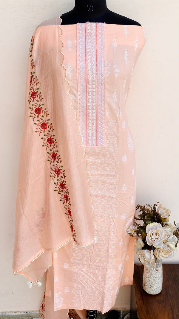 Designer Embroidered Suit Length 3 Piece Peach Mal Cotton