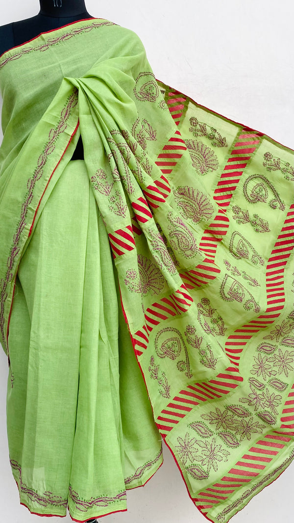 Lucknowi Chikankari Saree Mehndi Green Cotton
