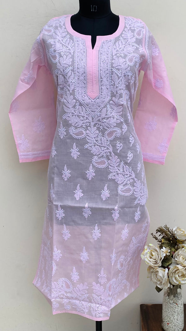 Lucknowi Chikankari Kurti Pink Cotton With Jaali Work