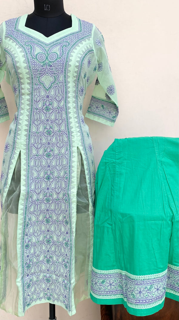 Lucknowi Chikankari Co-ord Set Green Cotton With Jaali & Applique Work