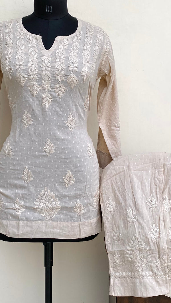 Lucknowi Chikankari Co-ord Set Beige Mulmul Cotton With Self Work