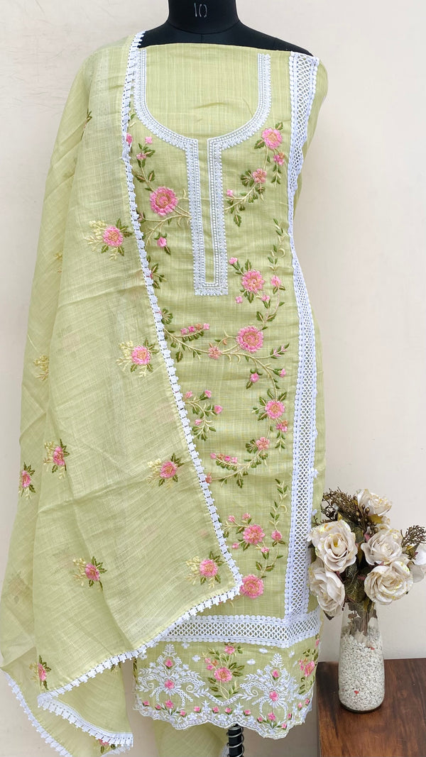 Designer Embroidered Suit Length 3 Piece Green Kota