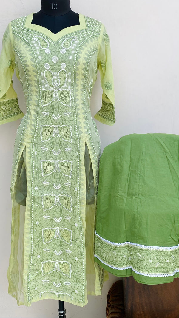 Lucknowi Chikankari Co-ord Set Green Cotton With Applique & Jaali Work